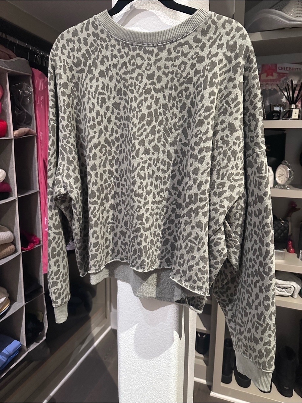 American Eagle Gray Olive Leopard-Print Pullover